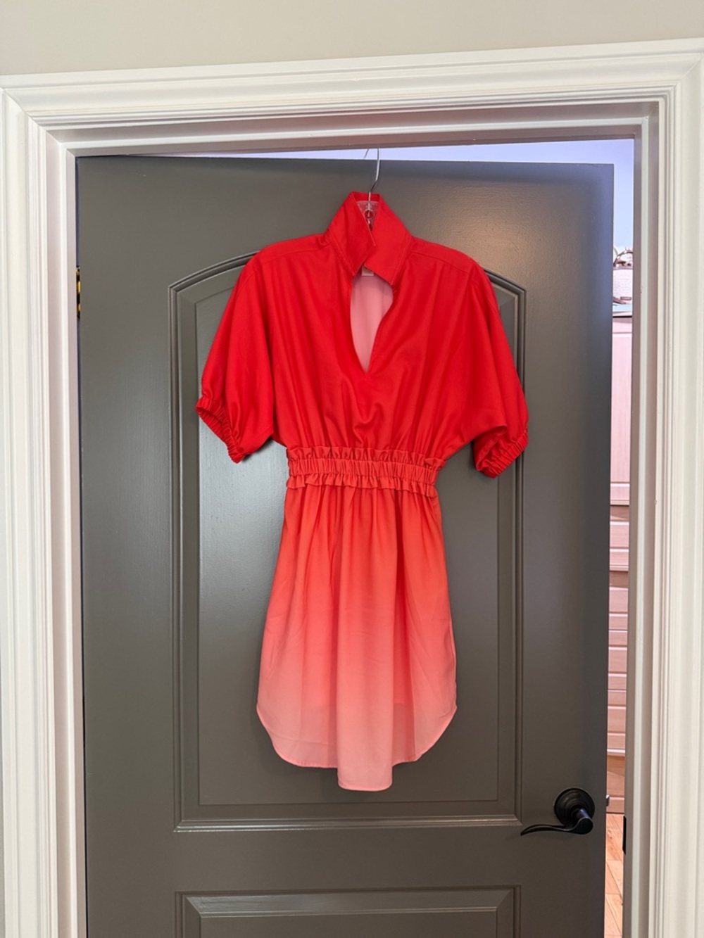 Red to Coral Ombre Collared Waist-Detail Tunic
